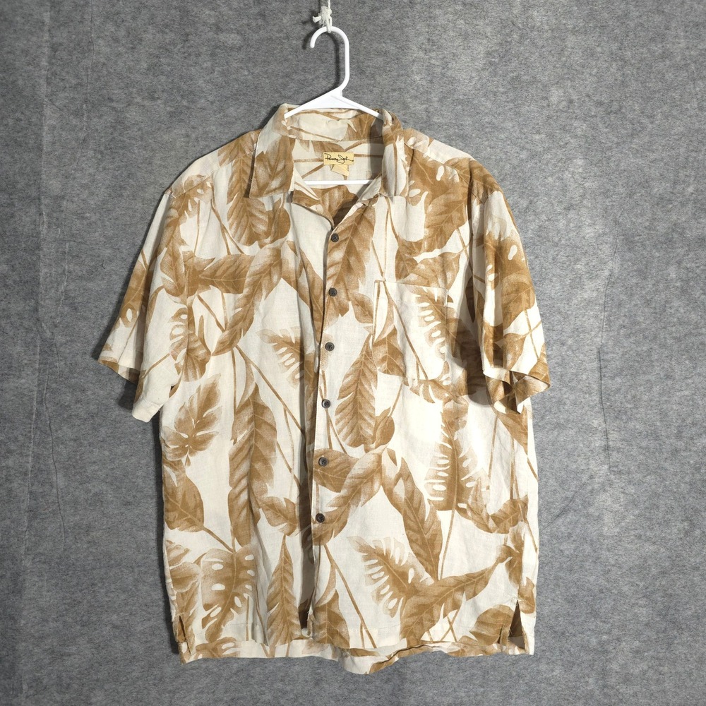 Panama Jack Tropical Leaf Shirt Mens L Latte Ramie Cotton Blend Button Up 29115W